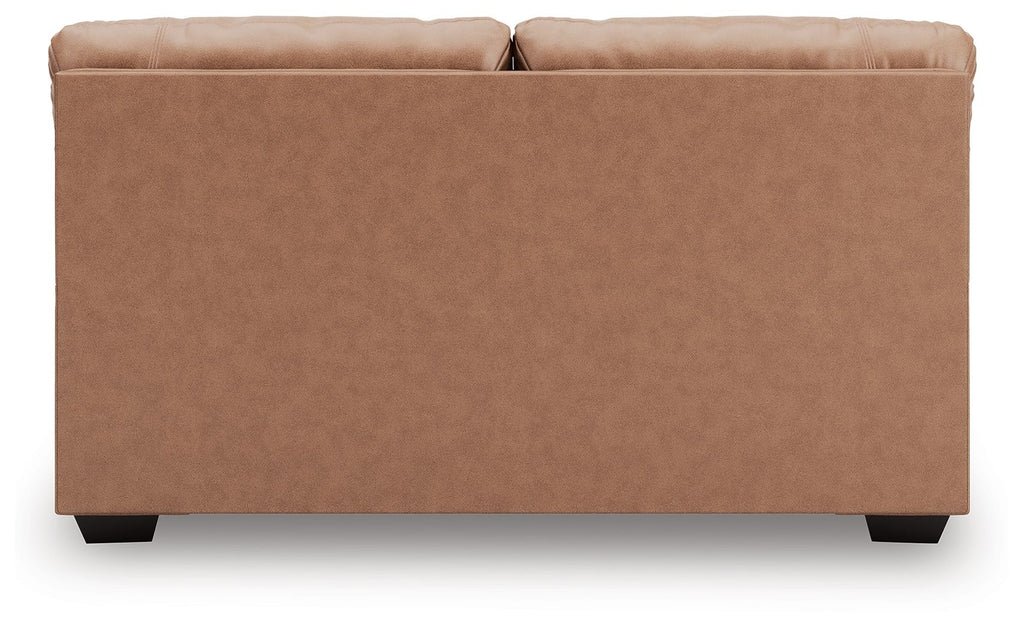 WillowBend loveseat in light brown upholstery with squared back and tapered feet