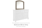 Light gray framed bedroom mirror with arched top, shown above a dresser