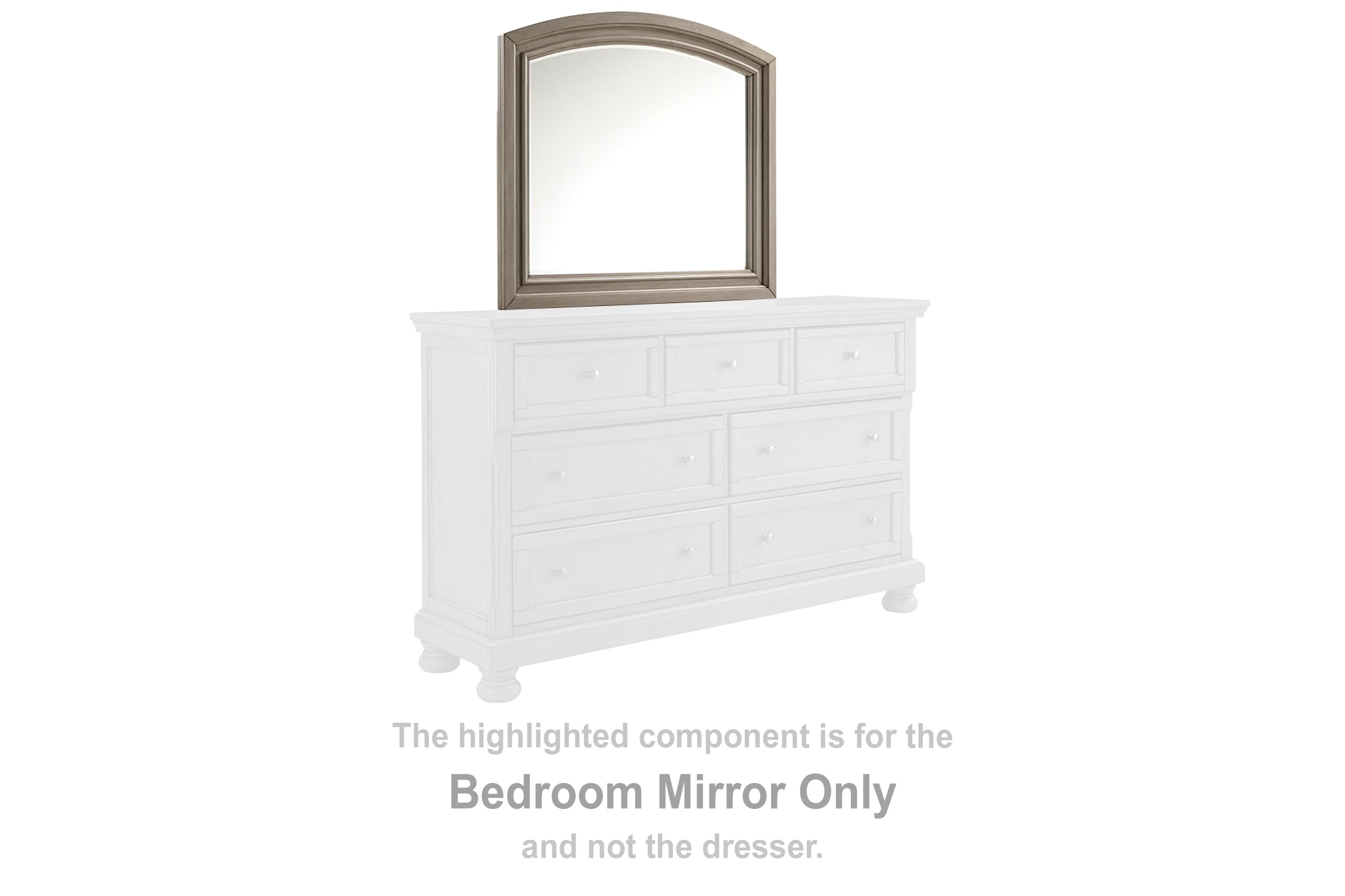 Light gray framed bedroom mirror with arched top, shown above a dresser