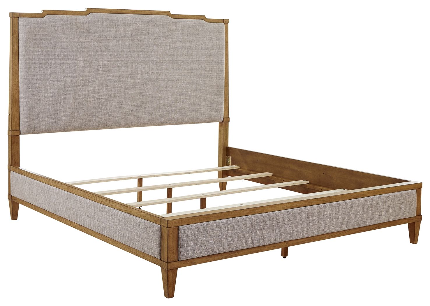 Upholstered panel bed with light gray headboard and wood legs, slat platform frame