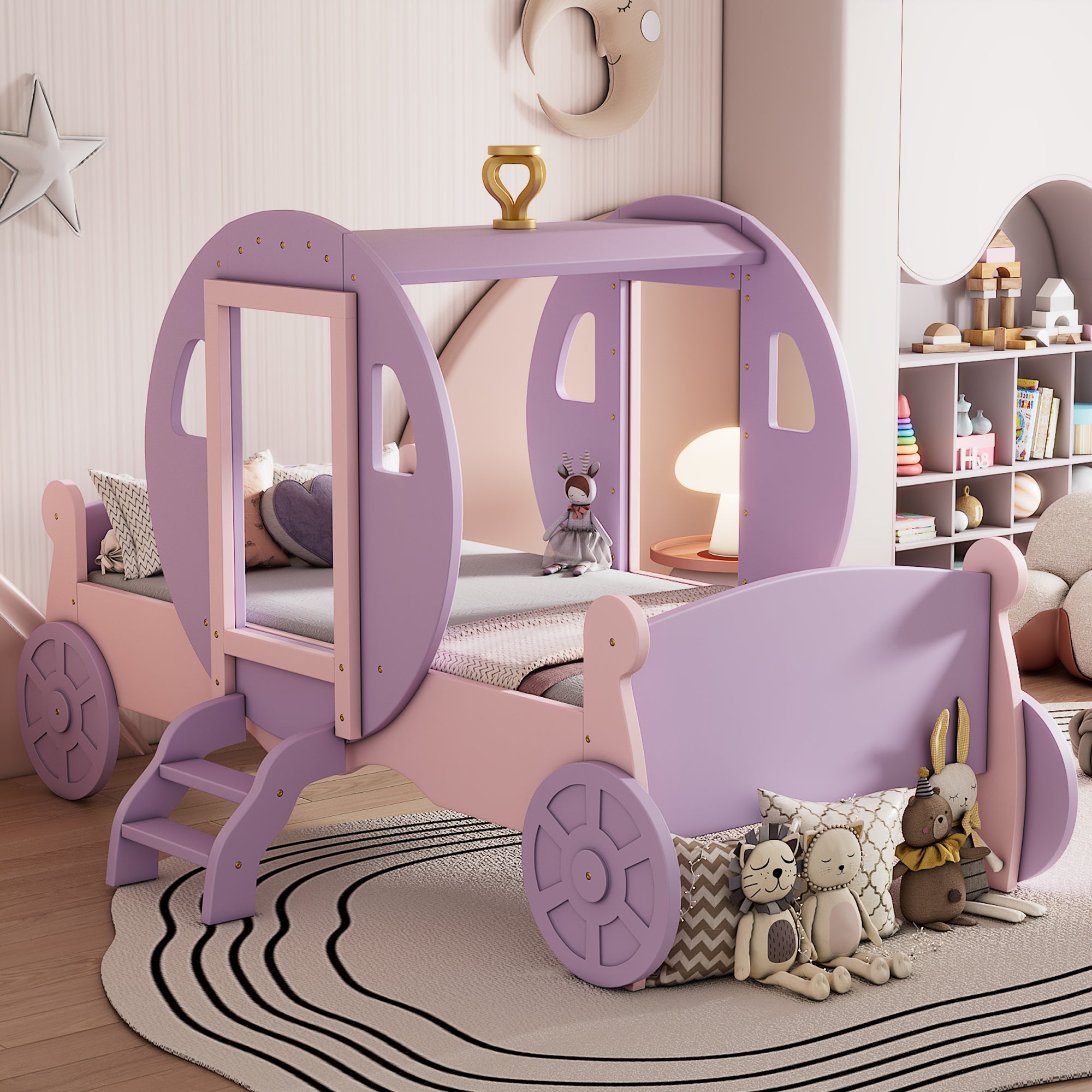 Twin Princess Carriage Bed with Crown & Stairs - Purple/Pink Wood