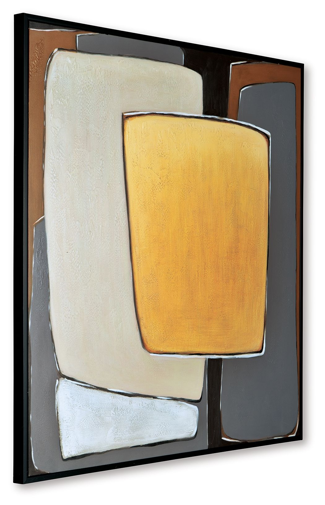 Abstract wall art with cream and gray blocks and a centered mustard rectangle in black frame