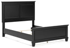Black panel bed with open drawer compartment and white slatted base.
