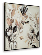 Framed abstract botanical print with tan, brown, and black leaves and blooms.