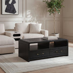 Black rectangular table with two drawers and open front storage, in living room setting.