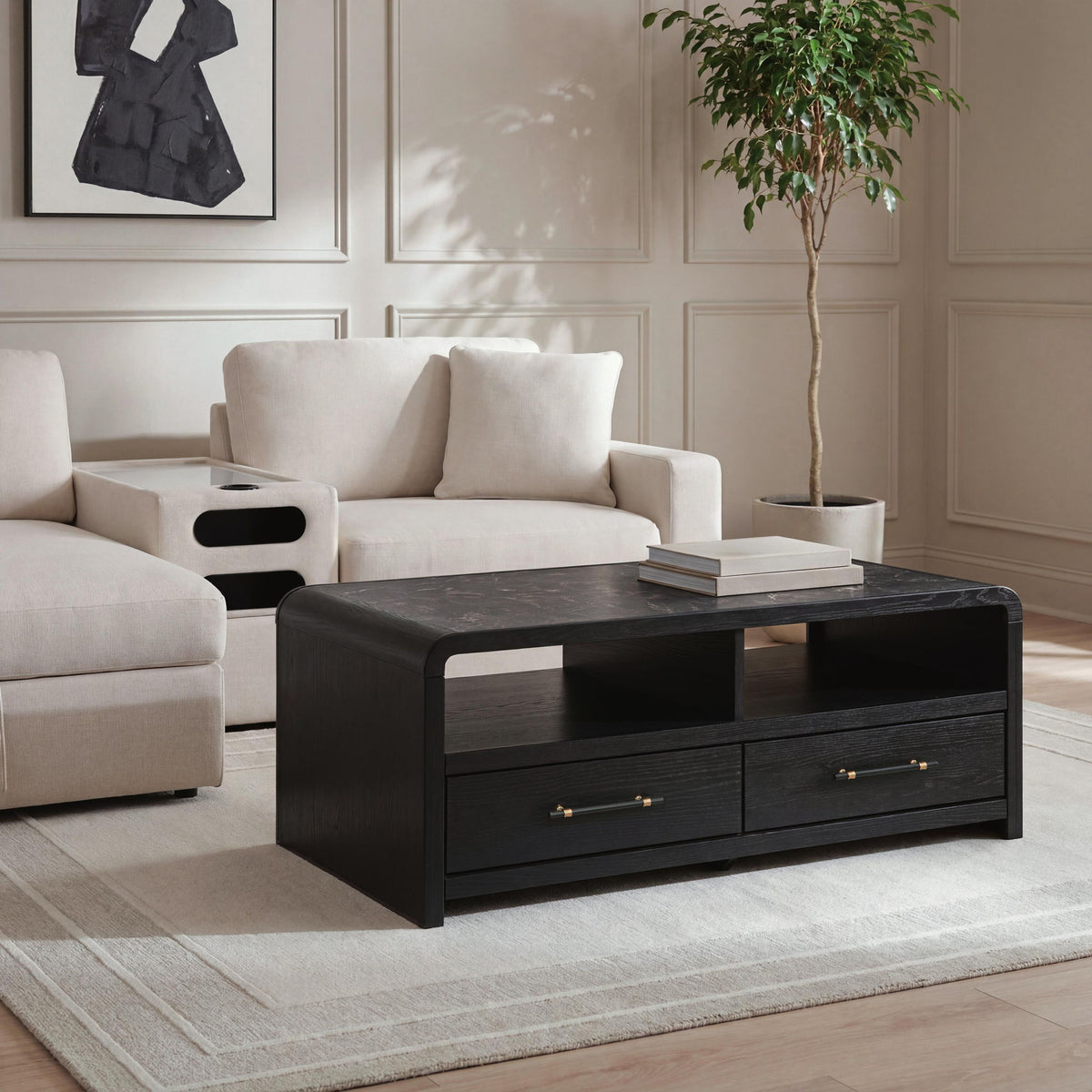Black rectangular table with two drawers and open front storage, in living room setting.