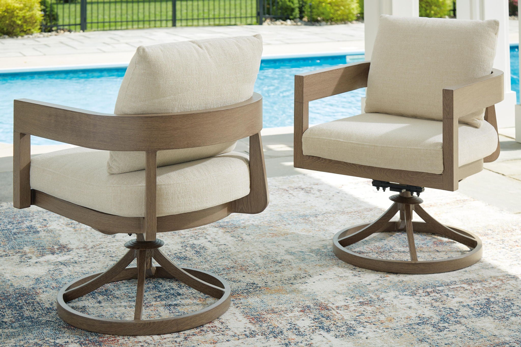 Swivel accent chair with beige cushion and dark brown circular swivel base (set of 2)