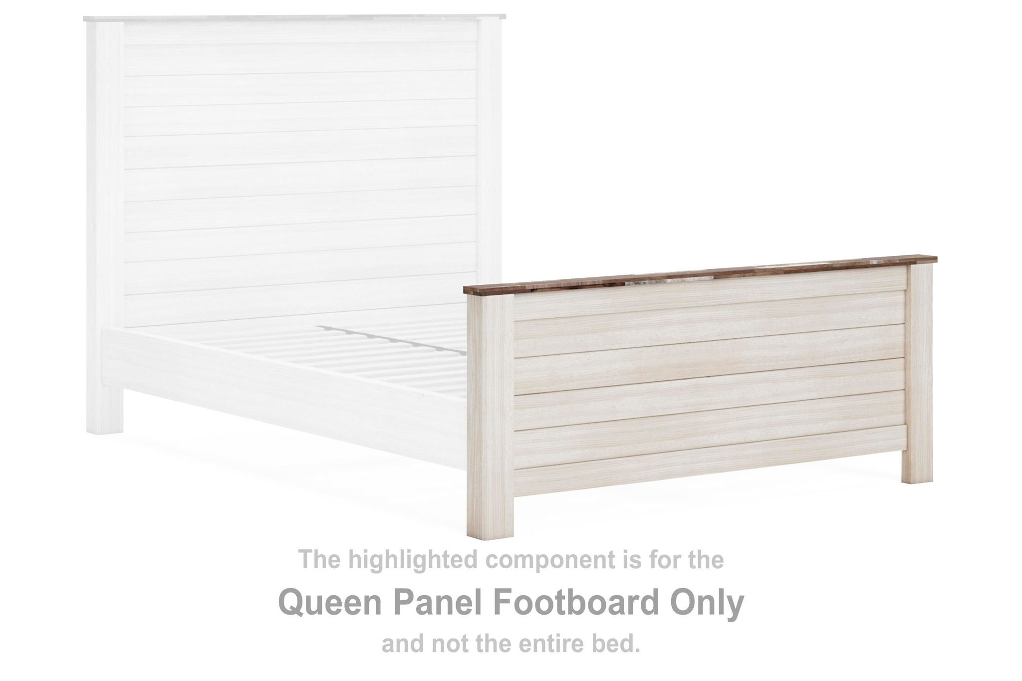 Queen panel footboard with horizontal slat panels in whitewashed wood