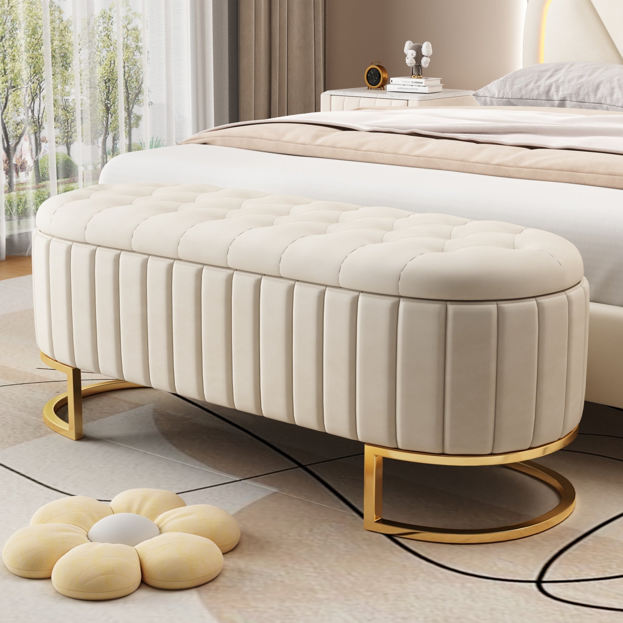 Velvet Storage Ottoman Bench - Button-Tufted Beige