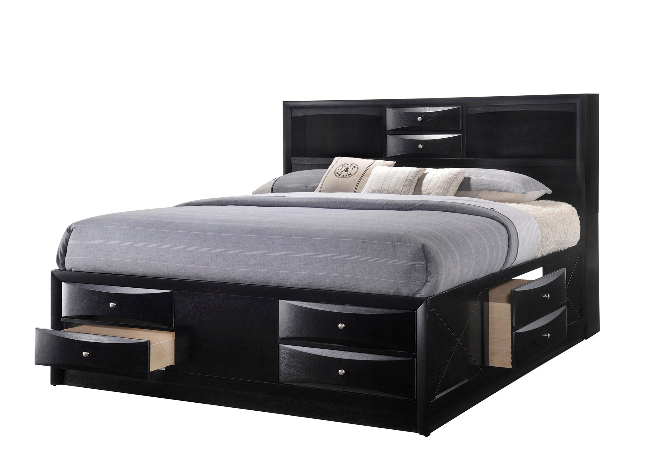 King Captain's Platform Bed with Bookcase & Storage - Black Finish