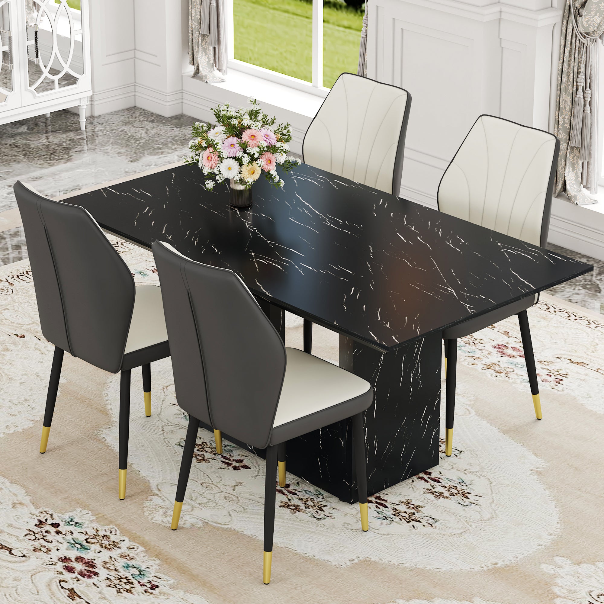 Black Marble Dining Set w/ 4 Chairs