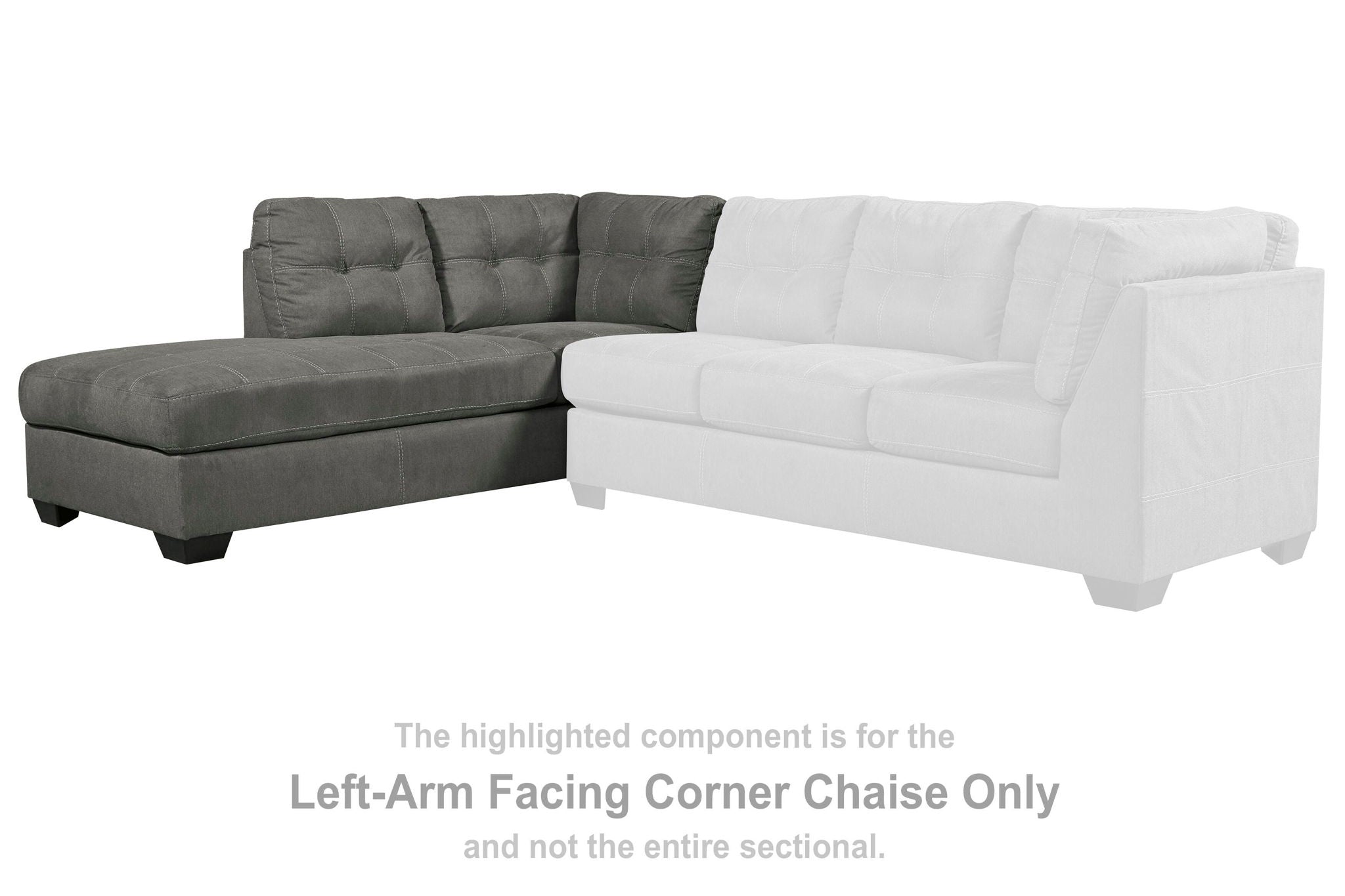 Left-arm corner chaise with slate-gray and light upholstered cushions, block legs
