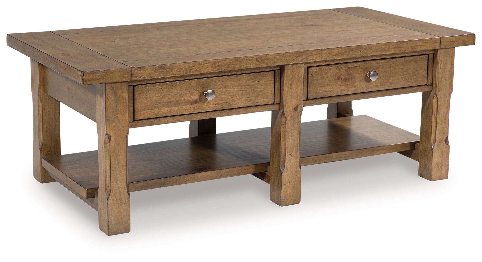 Rectangular wooden table with two drawers and open shelves, light brown finish.