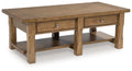 Rectangular wooden table with two drawers and open shelves, light brown finish.