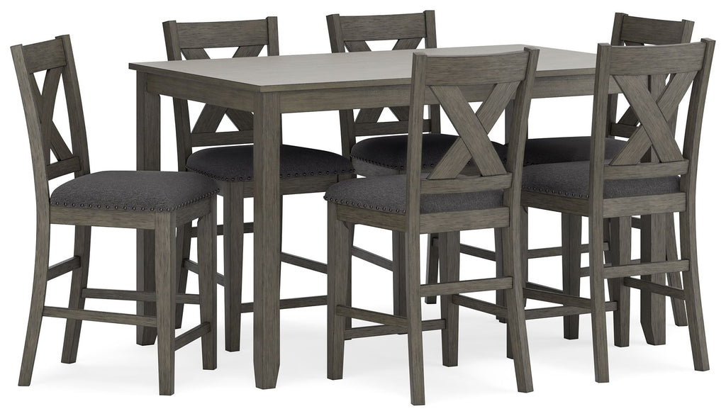Gray rectangular counter table set with six padded chairs