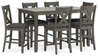 Gray rectangular counter table set with six padded chairs