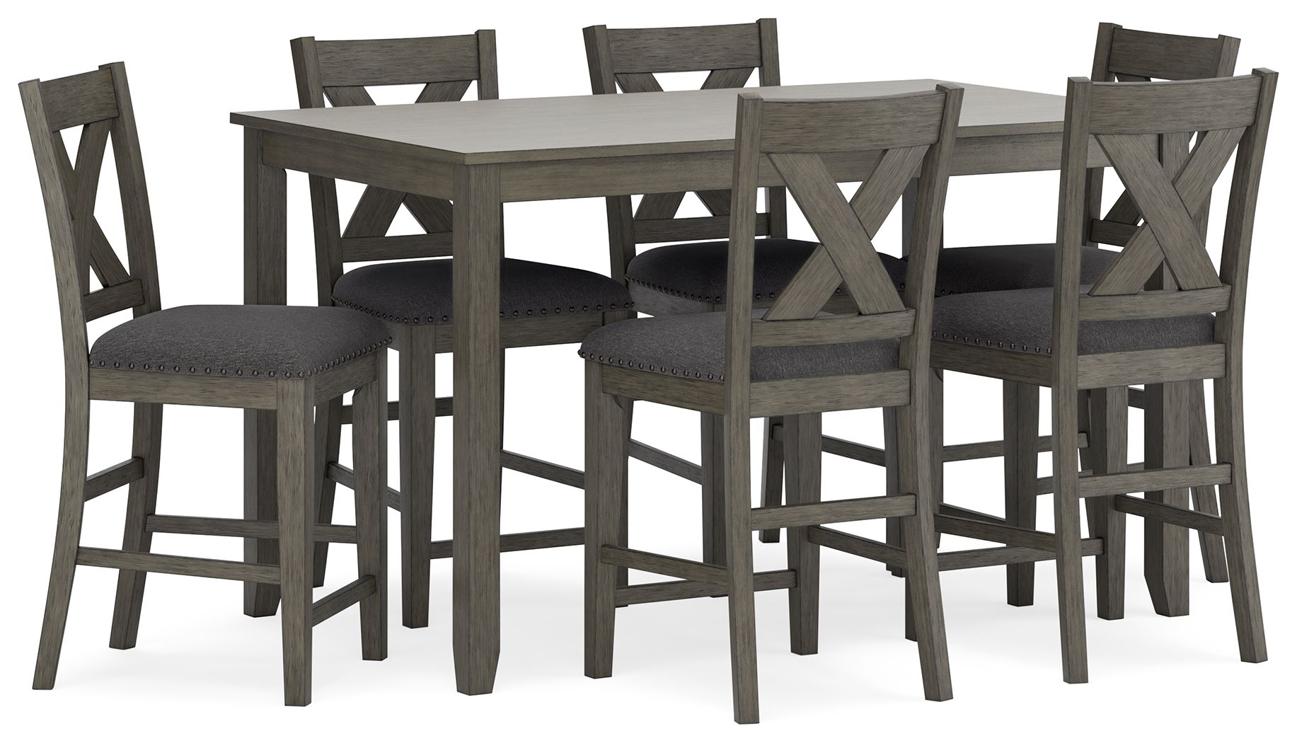 Gray rectangular counter table set with six padded chairs