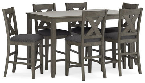 Gray rectangular counter table set with six padded chairs