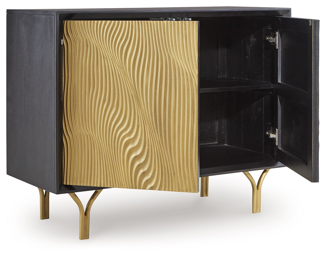 Accent cabinet with gold fluted door; open storage interior and gold-toned legs