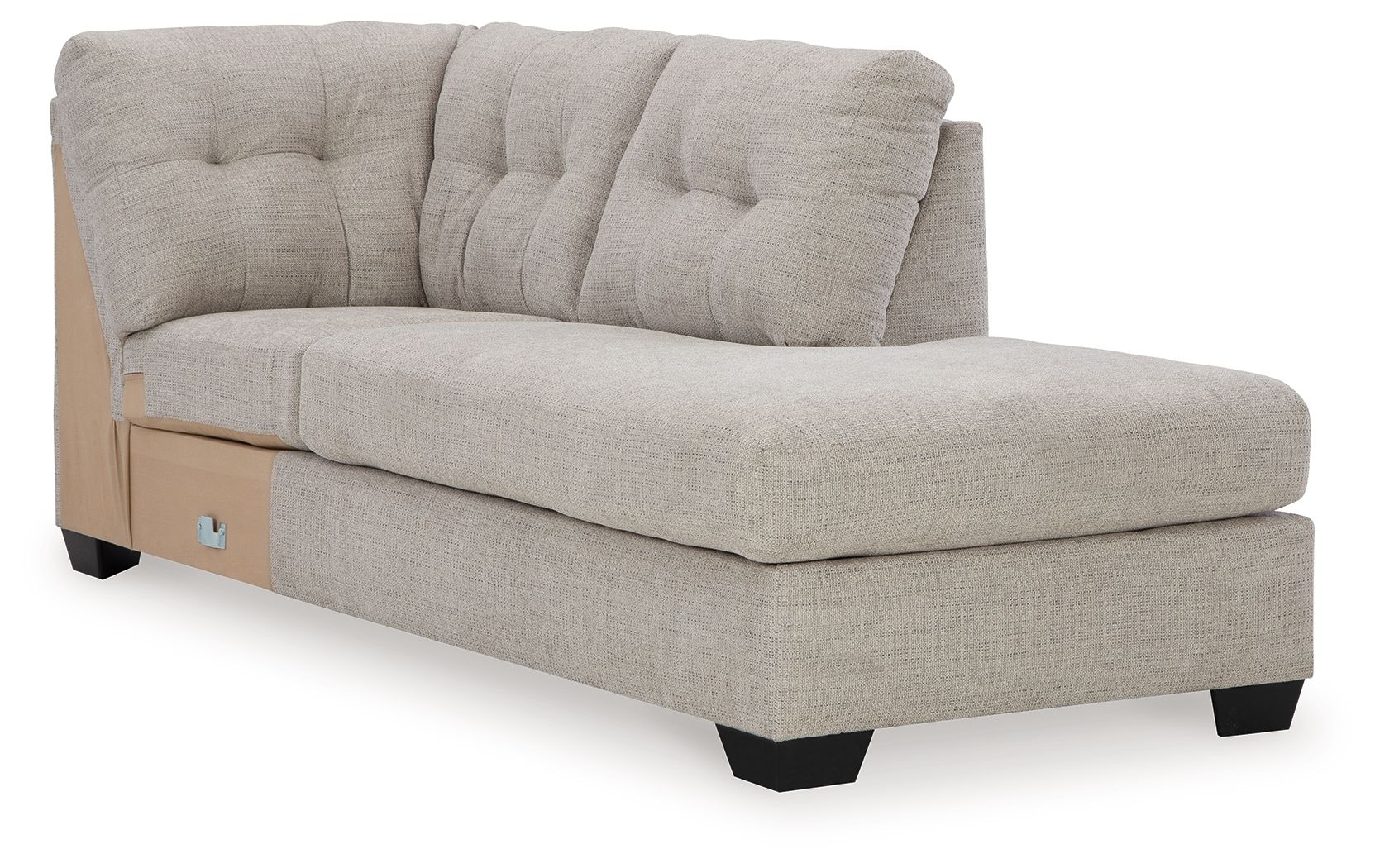 Light gray corner chaise with tufted back and track arms