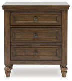 Brown three-drawer night stand with three front drawers and circular pulls
