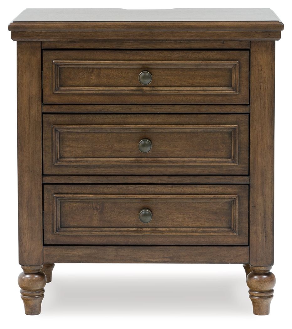 Brown three-drawer night stand with three front drawers and circular pulls