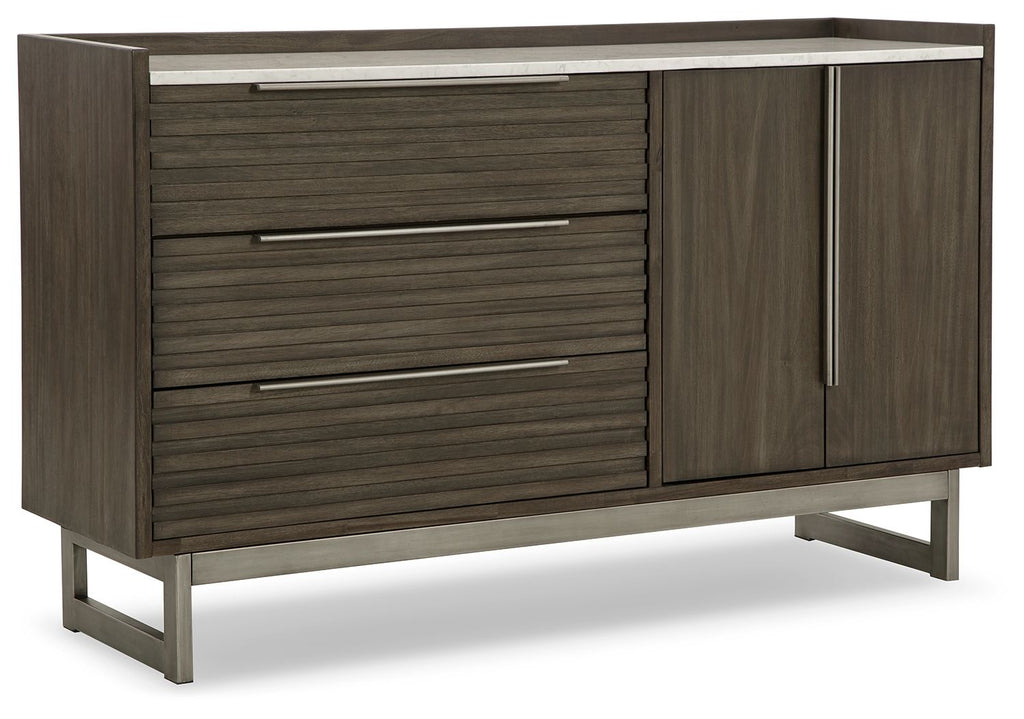 Grayish-brown wood dresser with slatted drawers and silver bar handles