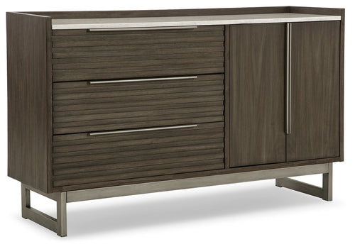 Grayish-brown wood dresser with slatted drawers and silver bar handles