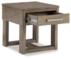 Loyaska grayish brown rectangular end table with open drawer and inner shelf