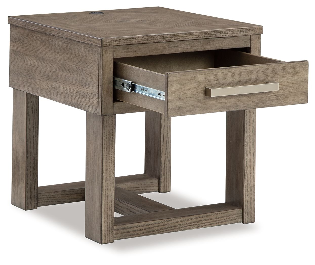 Loyaska grayish brown rectangular end table with open drawer and inner shelf