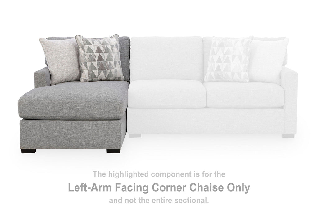 Left-arm facing corner chaise component in pewter gray with two pillows