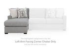 Left-arm facing corner chaise component in pewter gray with two pillows