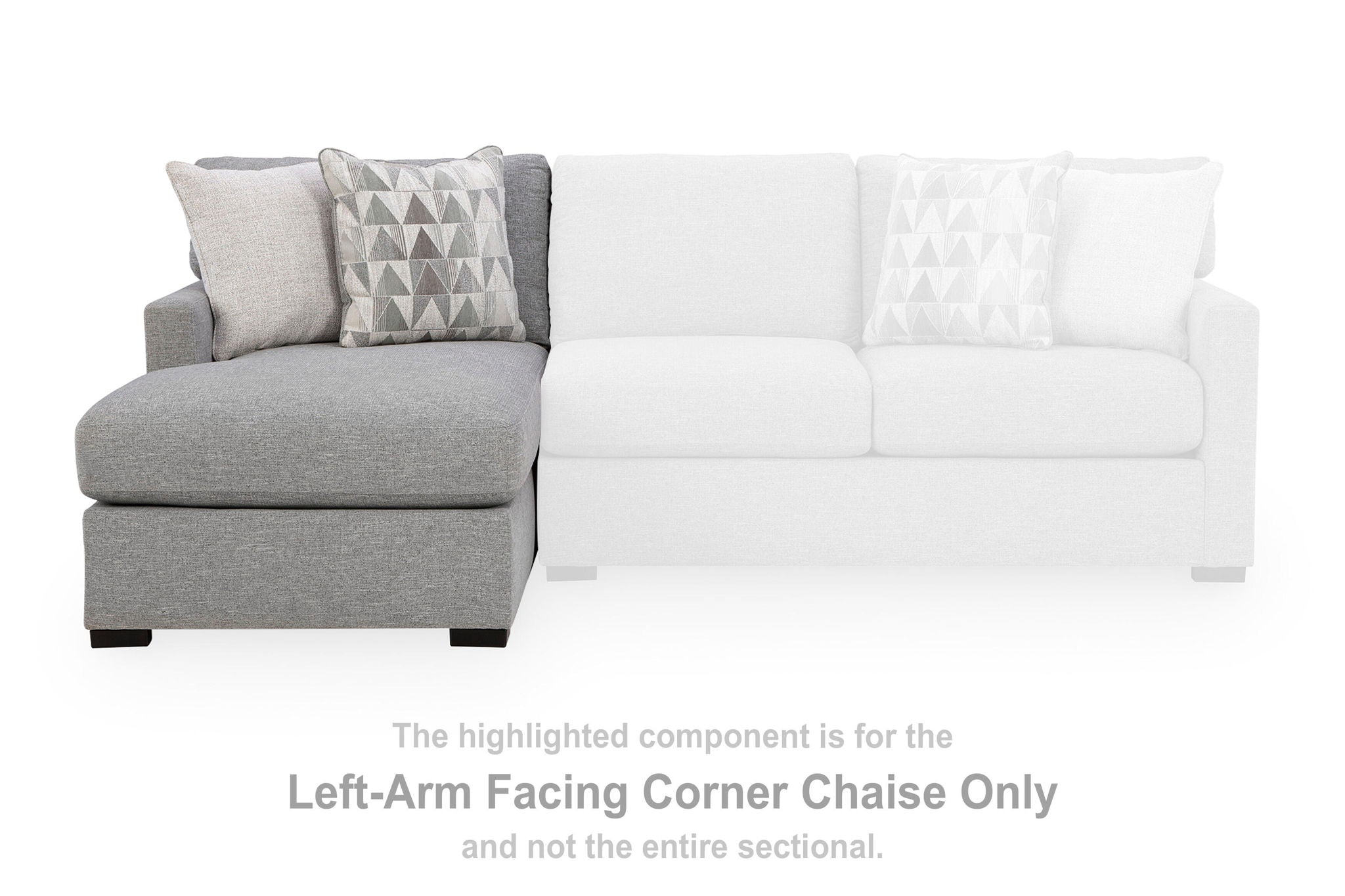 Left-arm facing corner chaise component in pewter gray with two pillows