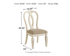 White dining chair with openwork arched back and beige seat cushion, short turned legs