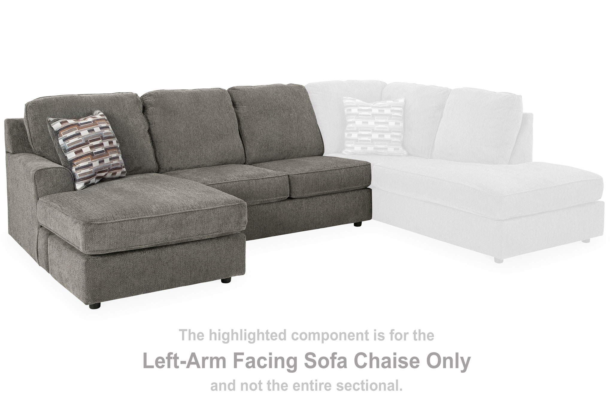 Gray left-arm sofa chaise with patterned throw pillow and tufted back cushions