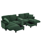 Green corduroy sectional sofa with double chaise and storage ottomans, angled view