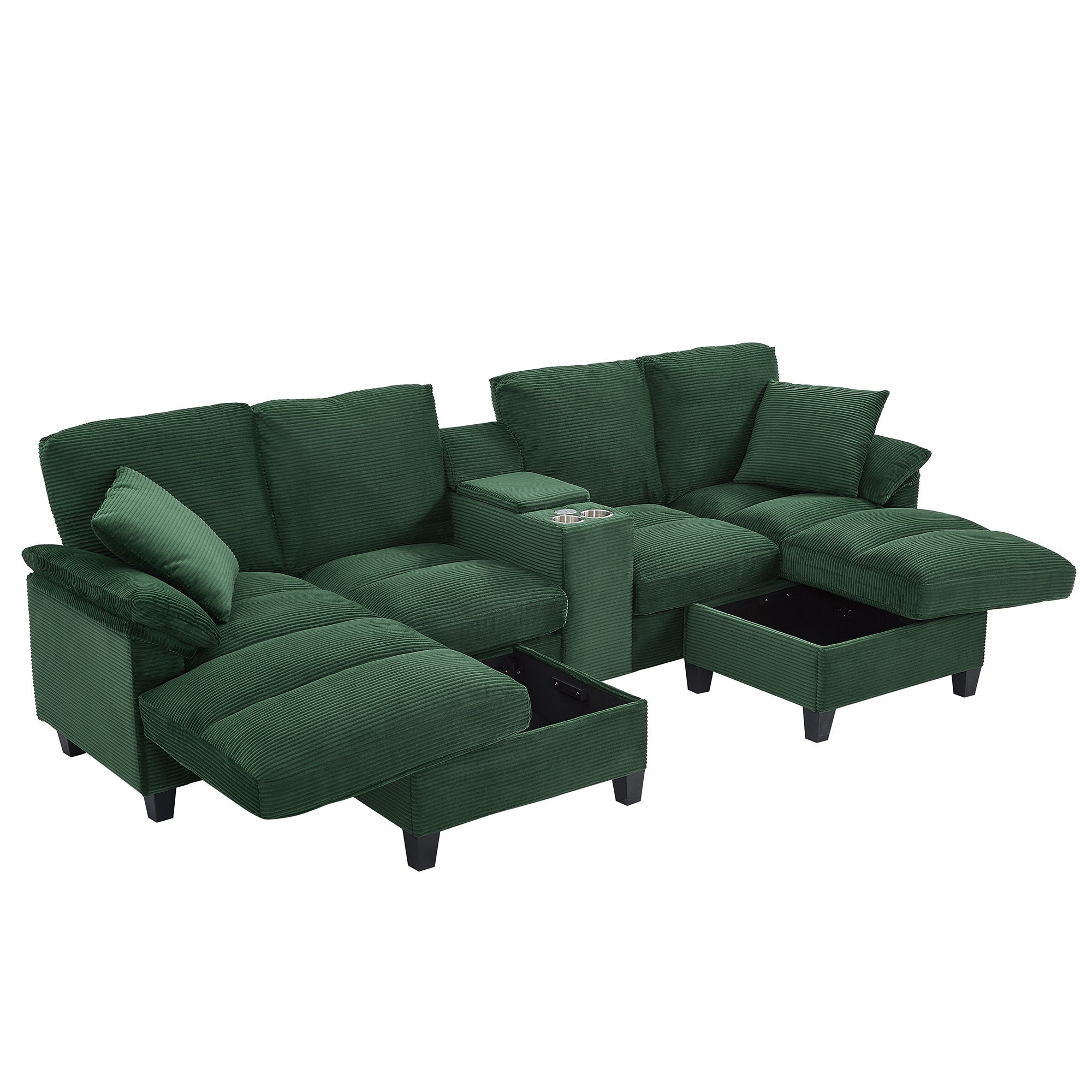 Green corduroy sectional sofa with double chaise and storage ottomans, angled view