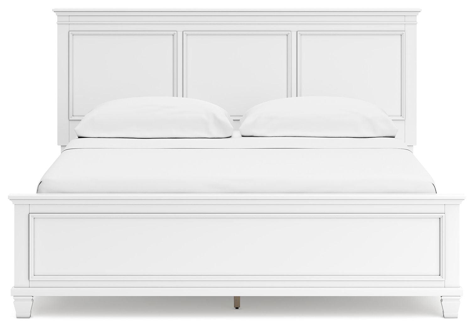 White panel bed front view with two cushions and paneled headboard behind.
