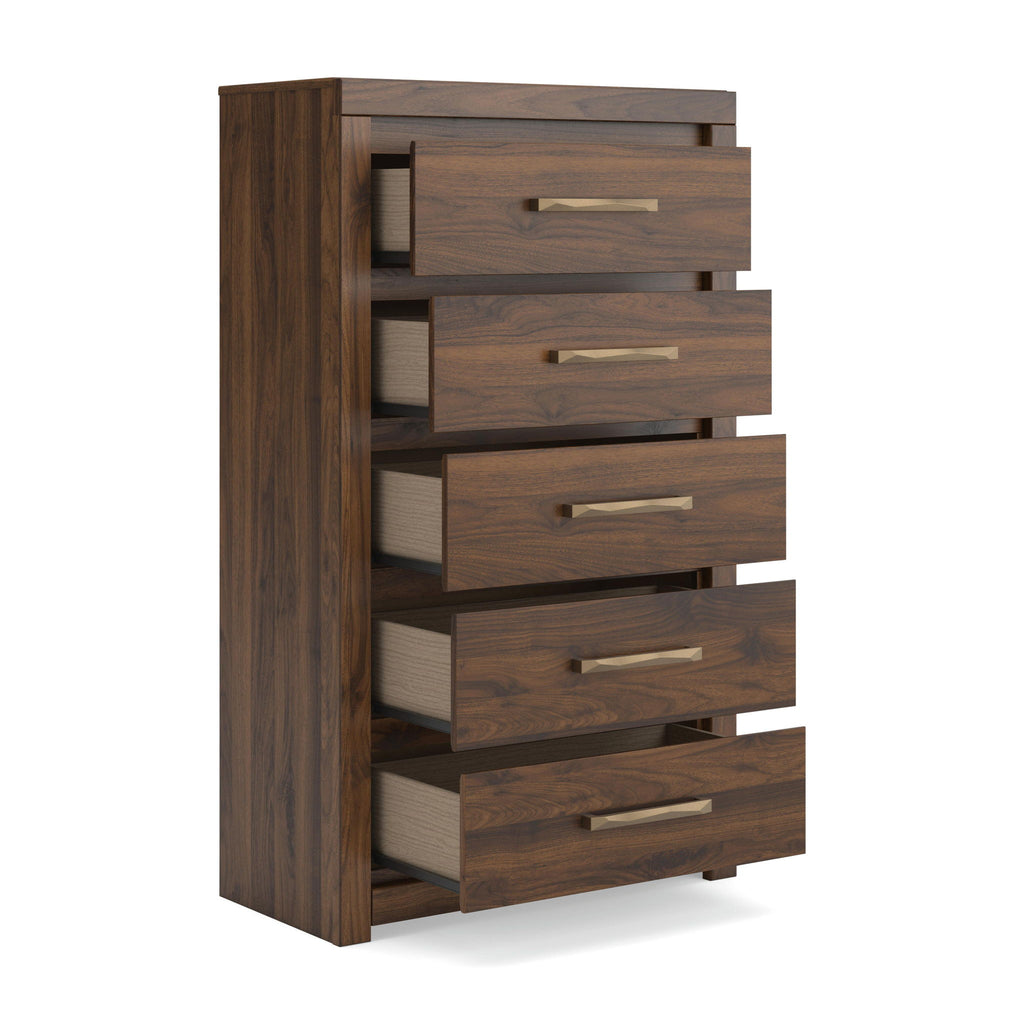Five-drawer wood chest in dark brown with visible drawer depth and pull handles.