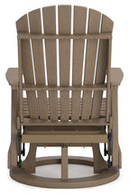 Dark brown swivel glider chair with vertical slat back, armrests, and horizontal seat slats.