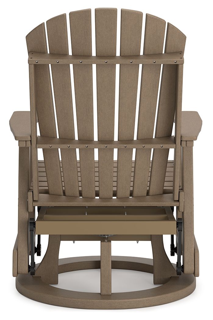 Dark brown swivel glider chair with vertical slat back, armrests, and horizontal seat slats.