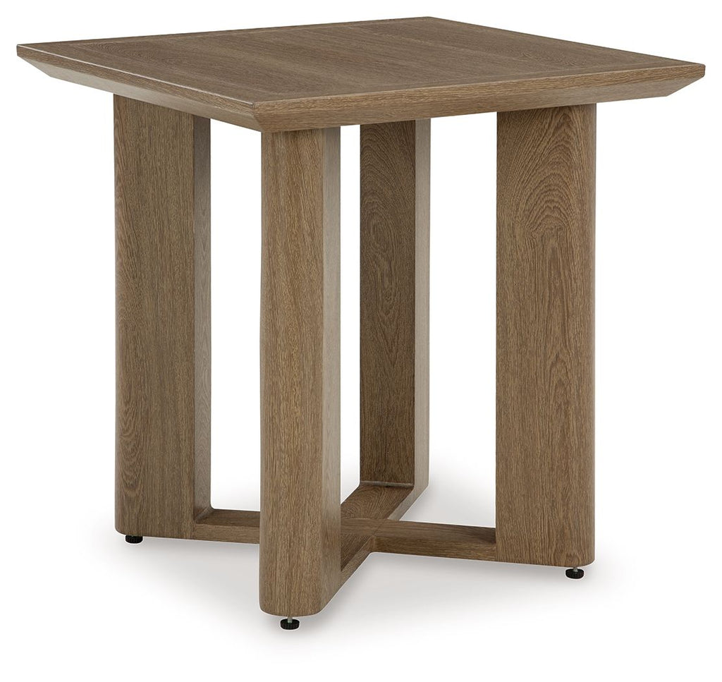 Square end table with dark brown wood top, angled legs, and cross-braced support