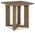 Square end table with dark brown wood top, angled legs, and cross-braced support