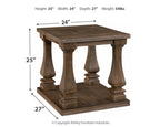 Rectangular end table dimensions: 25 in H, 24 in W, 27 in D; dark gray wood.