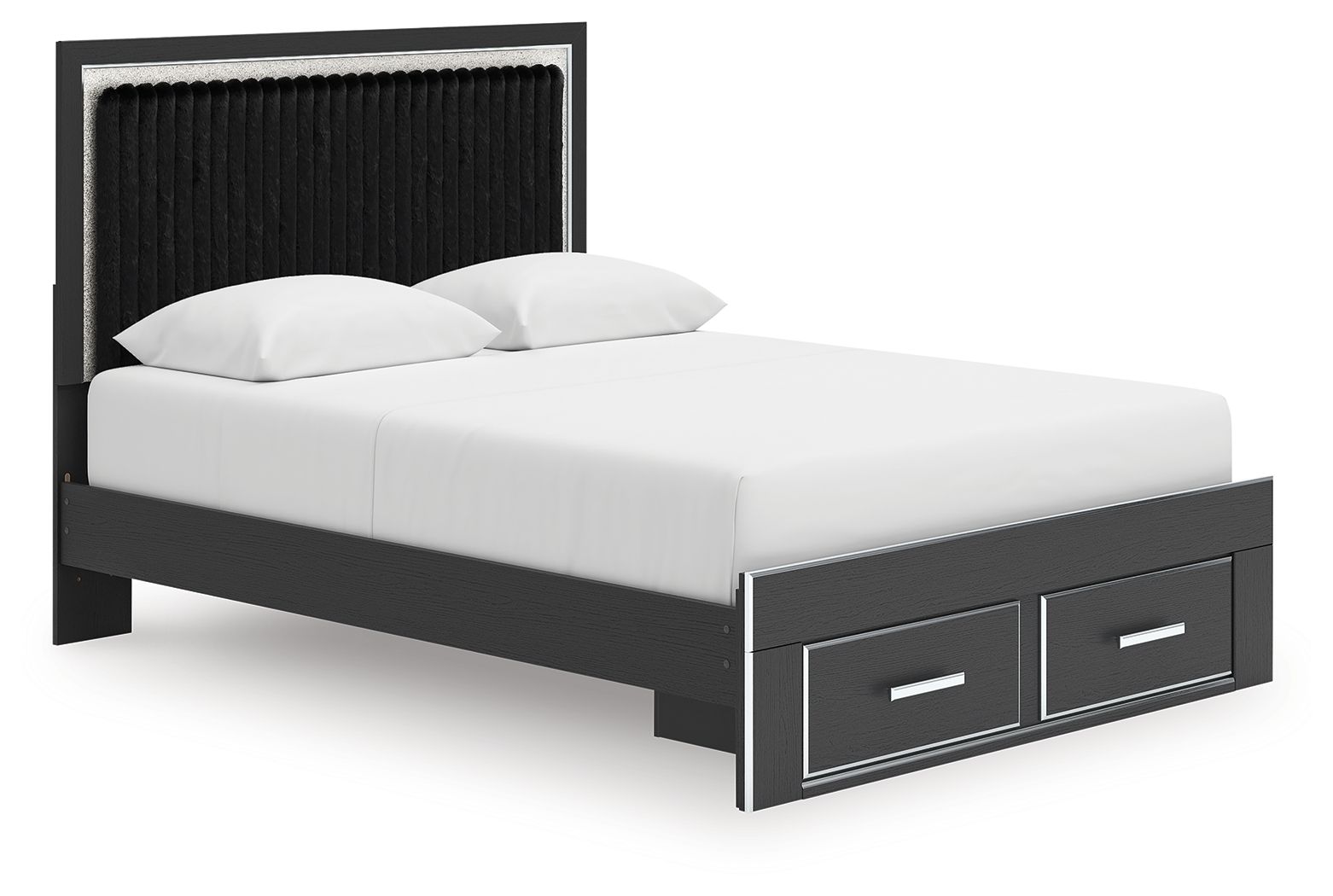 Upholstered panel platform storage bed, black headboard and frame with two front drawers