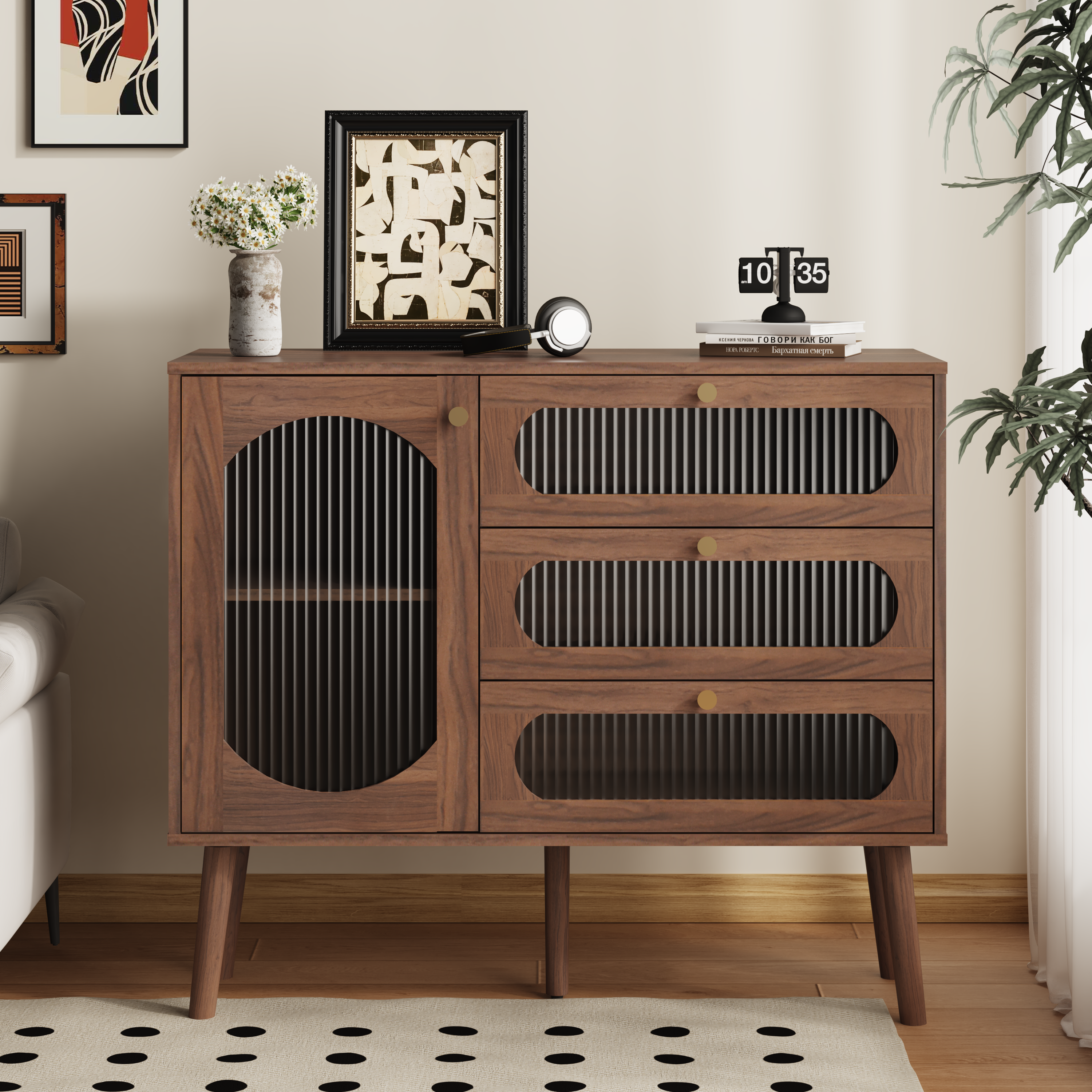 Natural Wood Accent Sideboard: Drawers, Door, Shelves