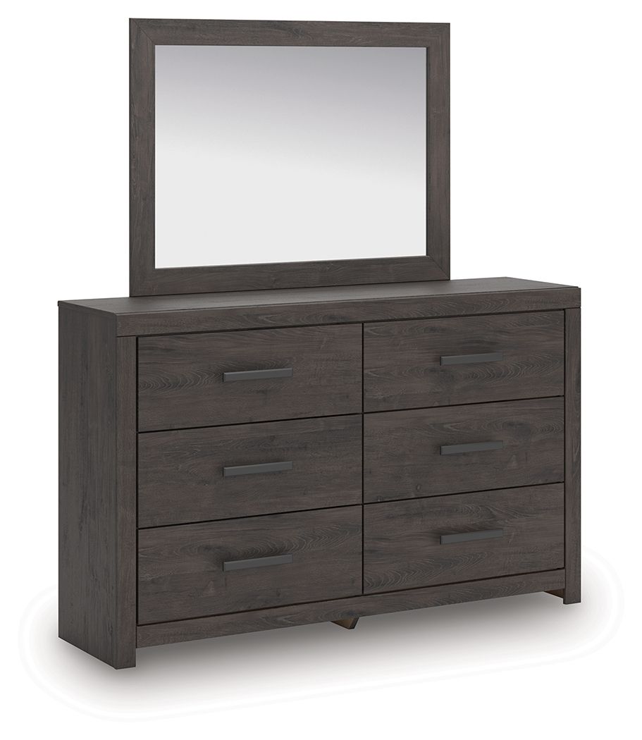 Charcoal dresser with six drawers and rectangular mirror, dark wood finish.