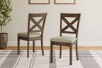 Pair of padded dining side chairs with beige seats and X-back wood frames.