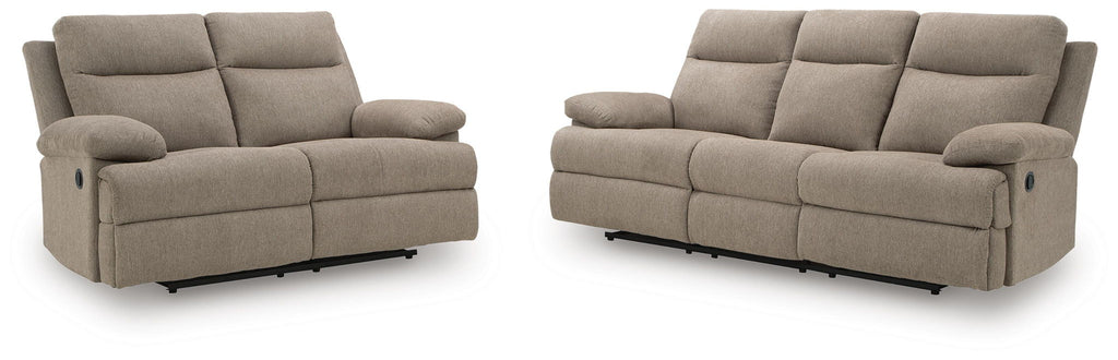 Reclining beige sofa and loveseat set with padded arms and split back cushions
