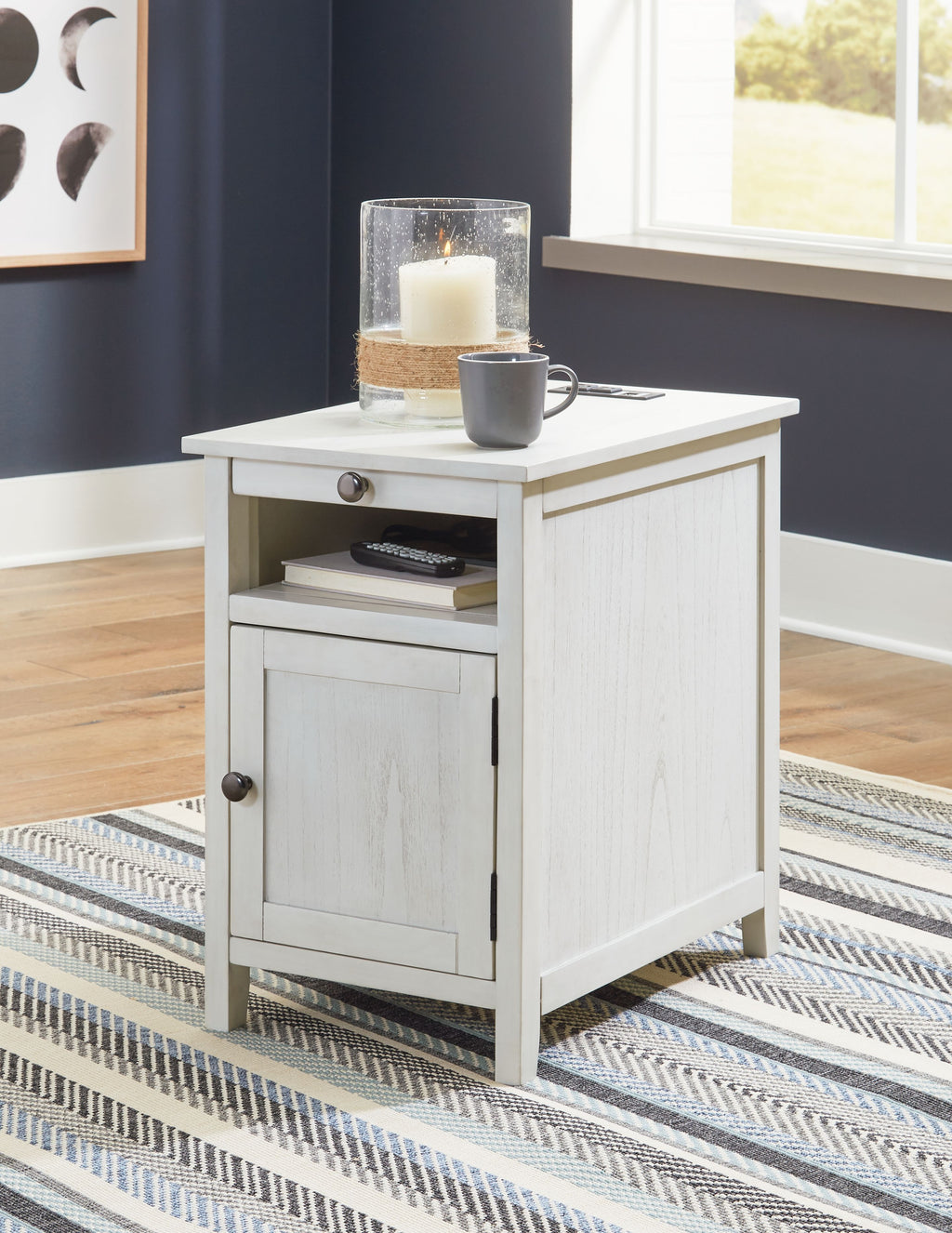 Chair-side end table, white finish, top drawer and cabinet door with metal knobs